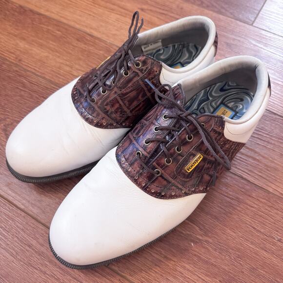 FootJoy DryJoys Golf Shoes Mens Size 11.5M Leather Brown And White Croc Saddle - Picture 1 of 10